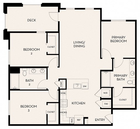 Floor plan for 3 beds, 2 baths, 1396 sqft